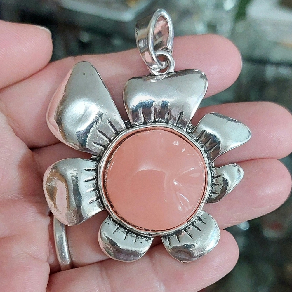 Silver and Pink/Coral Flower Necklace Pendant - Womens Jewelry